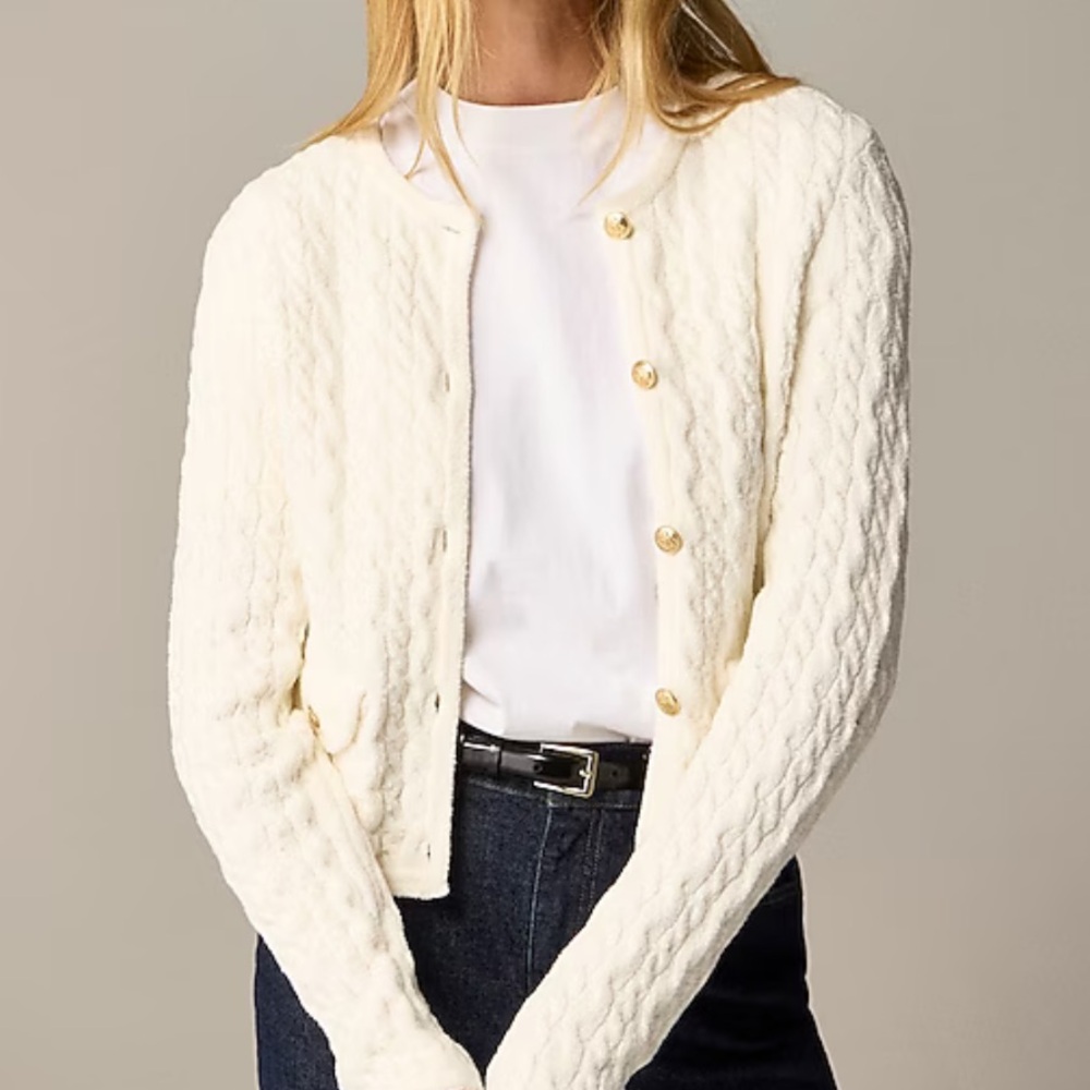 J Crew Odette cable-knit sweater lady jacket in cotton-blend bouclé ivory color